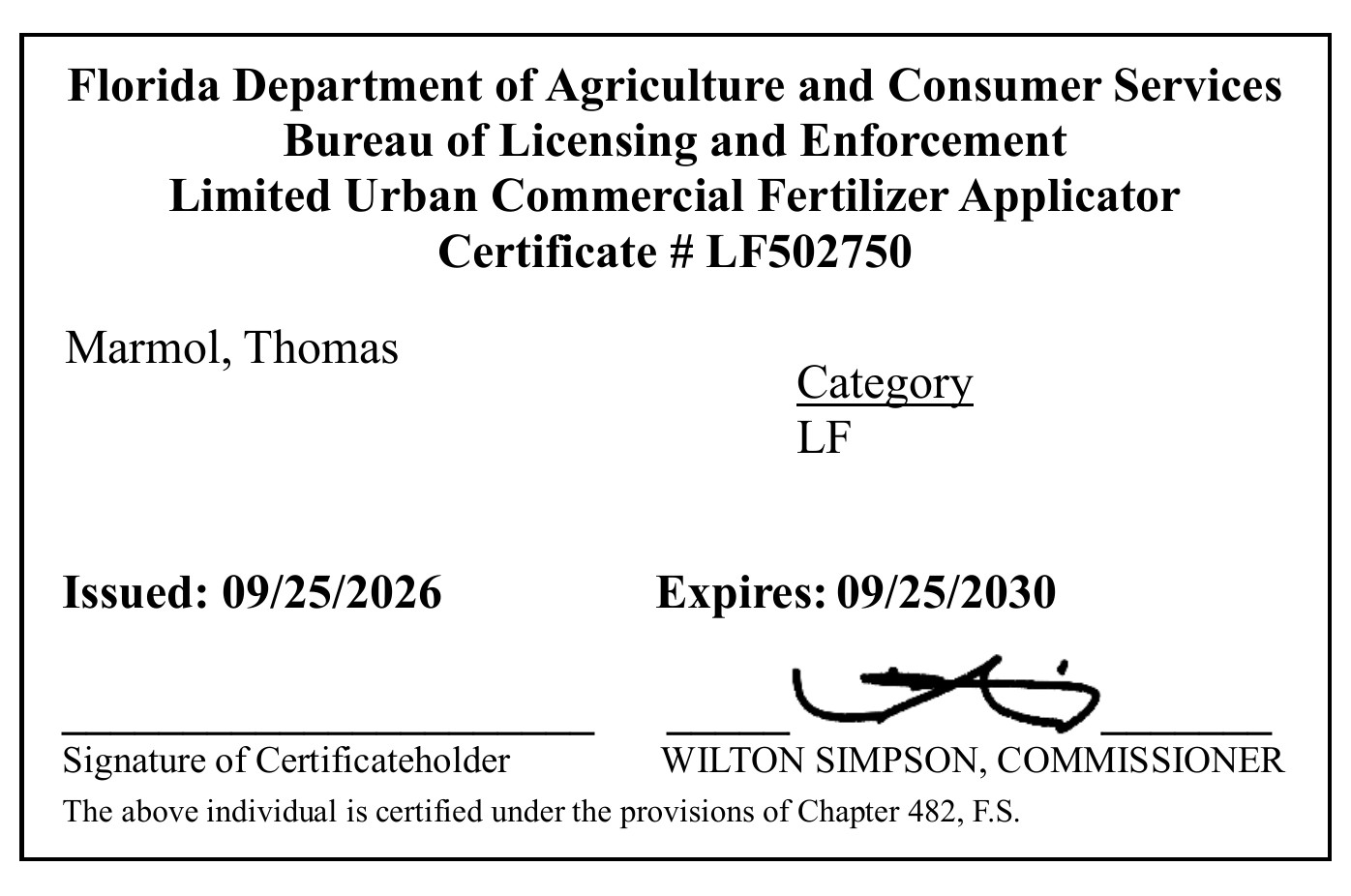 Limited Urban Commercial Fertilizer Applicator certificate
